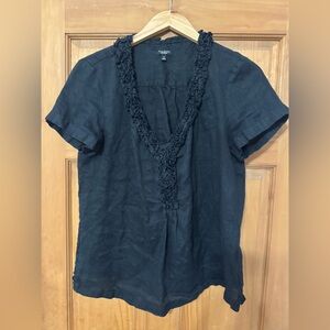 Talbots Black Linen Ruffle Trim V-Neck Short Sleeve Blouse